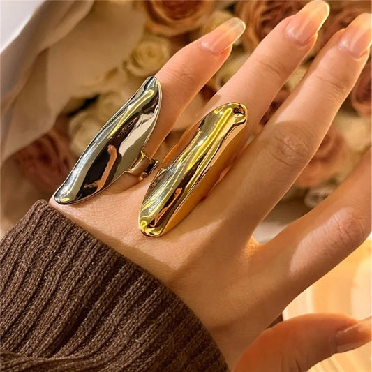 Gold Color Curved Chunky Curved Metal Ring for Women Girls Retro Exaggerated Simple Y2K Cool Fashion Handmade Jewelry