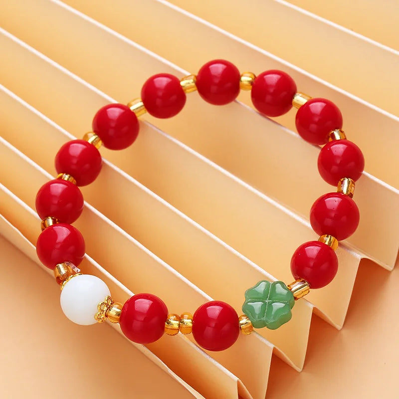 Red Lucky Four Leaf Clover Plant Flower Chain Bracelet Lovers Men Women Mom Blessing Gift Chain Jewelry