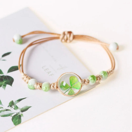 Weaving Dried Flowers Lucky Four Leaf Clover Plant Flower Chain Bracelet Lovers Men Women Mom Blessing Gift Chain Jewelry